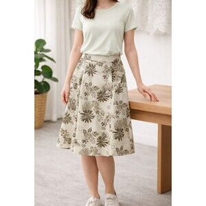 Christopher & Banks Skirt Womens 4 Linen Brown Floral Earthy Tones Office Casual